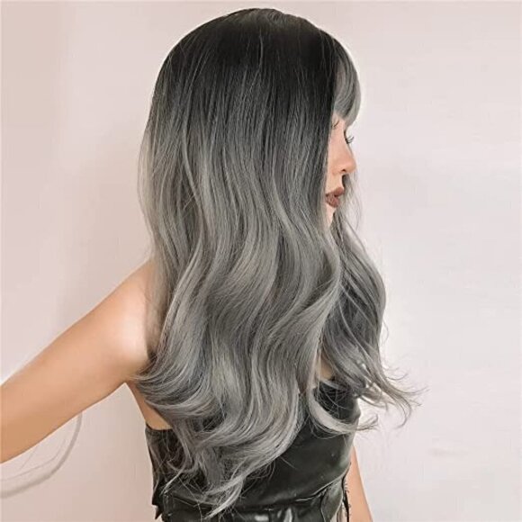 🆕 Stunning Long Dark Gray Ombre Wig Synthetic Lace Wig Full Bangs SEXY NWT👀😘 - Picture 2 of 8